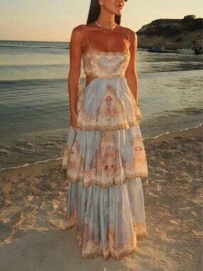 Zimmerman Sun Layered Print Strappy Long Floral Blue Dress